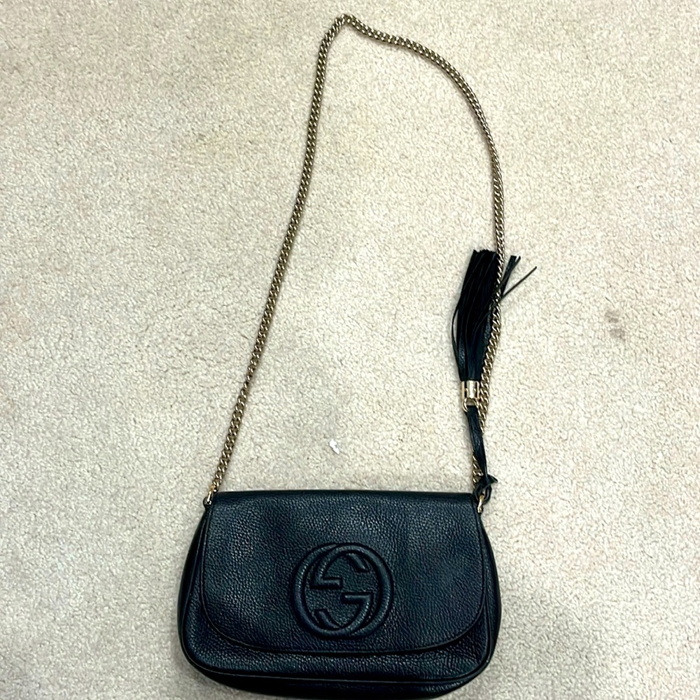 Gucci Soho Leather Flap Shoulder Bag Black Gold Tassel - Picture 1 of 5